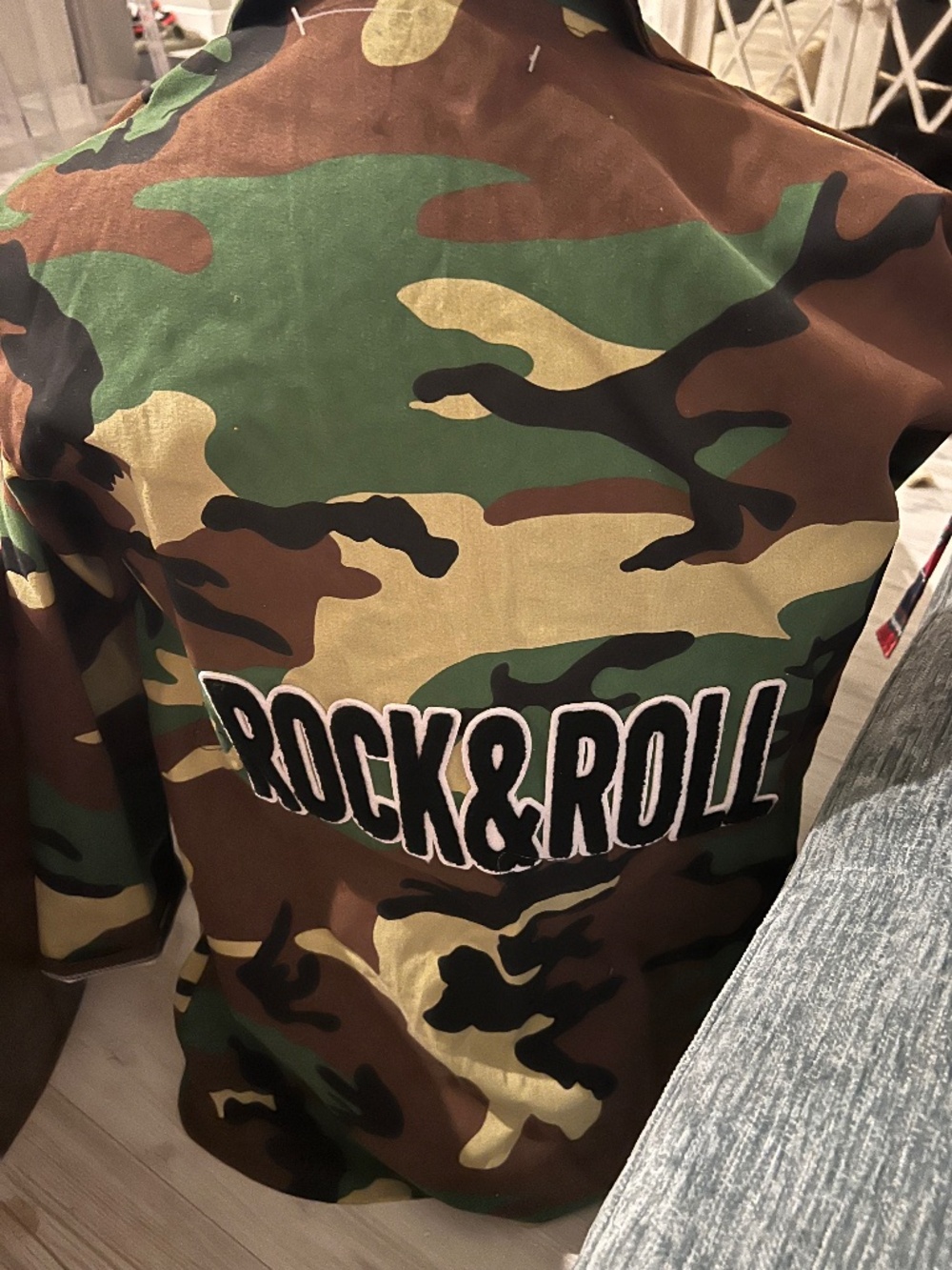 New camo jacket with rock and roll patch size m